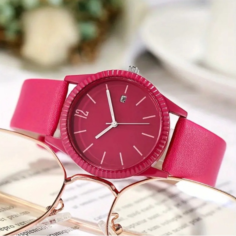 NWOT Leather Band Watch Hot Pink With Calendar